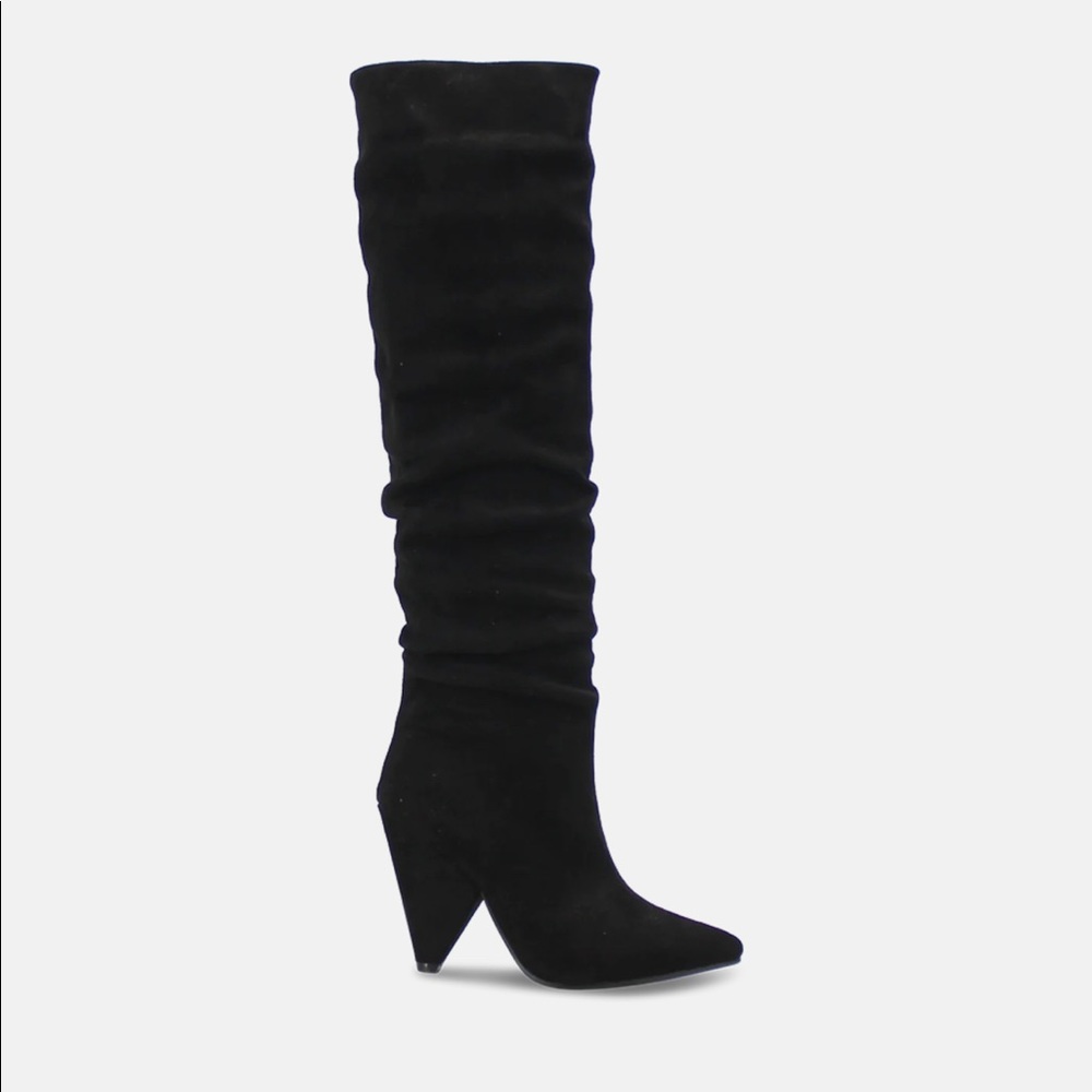 NEW! Women’s Knee High Slouchy Pointed Toe Heeled Boot in Black Faux Suede